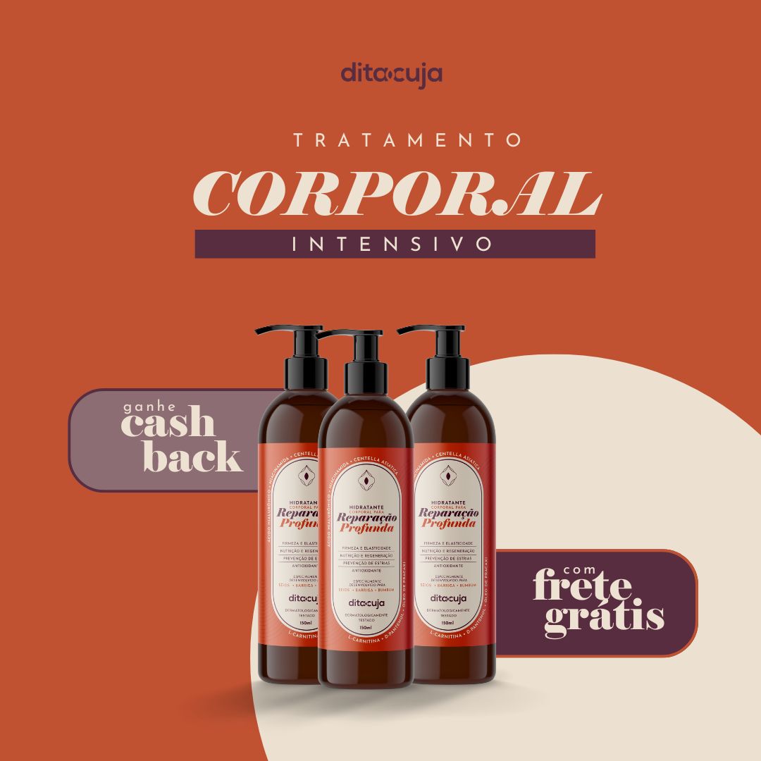 Arte sobre tratamento corporal intensivo em tons de laranja com produto Reparação Profunda ao meio