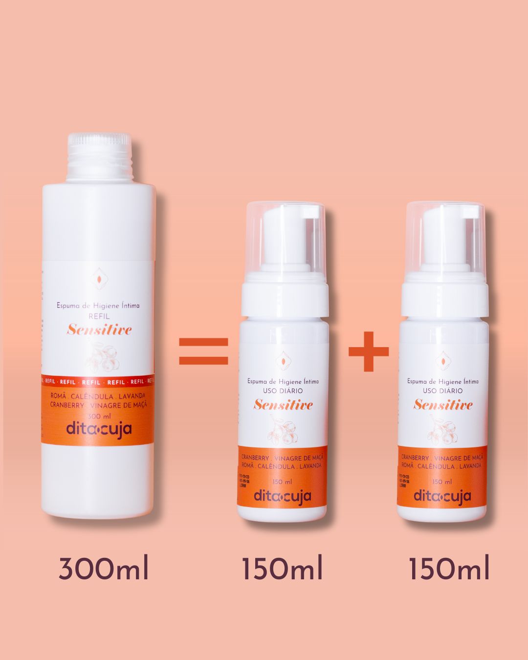 Arte com fundo salmão e presença do refil do produto Sentitive e dois refis do mesmo produto