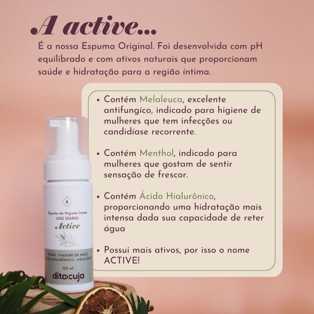 Arte em fundo rosa com detalhes em roxo com destaque para as características do produto Espuma Íntima Active