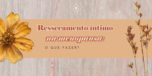 Arte com detalhes em laranja sobre ressecamento íntimo e flores ao lado