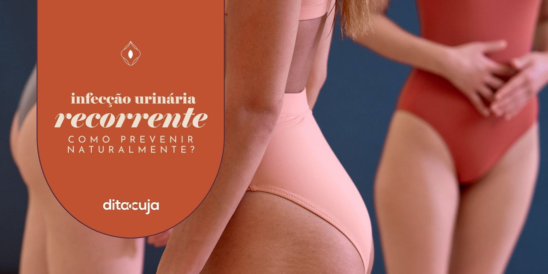 Mulheres ao fundo e e arte em tons de laranja com detalhes sobre infecção urinária recorrente