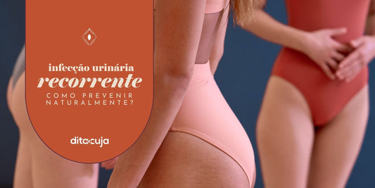 Mulheres ao fundo e e arte em tons de laranja com detalhes sobre infecção urinária recorrente