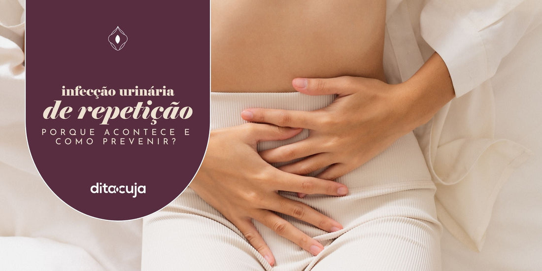 Mulher segurando barriga ao fundo e e arte em tons de roxos com detalhes sobre infecção urinária de repetição