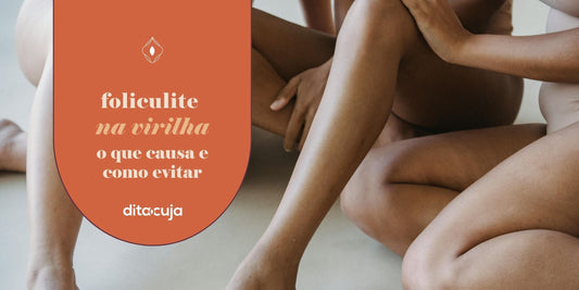 Pernas femininas de duas ,mulheres ao fundo e e arte em tons de laranja com detalhes sobre foliculite na virilha