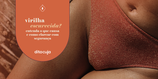 Corpo feminino ao fundo e e arte em tons de laranja com detalhes sobre virilha escurecida