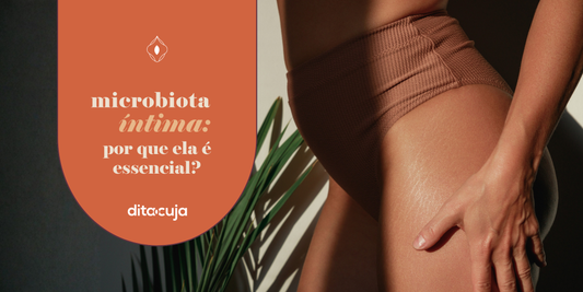 Corpo feminino no sol ao fundo e e arte em tons de laranja com detalhes sobre microbiota íntima