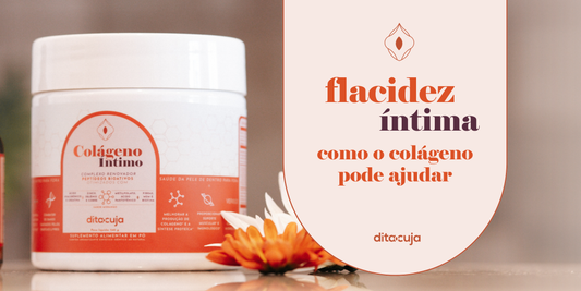 Colágeno íntimo da Ditacuja ao fundo e e arte em tons de creme com detalhes sobre flacidez íntima