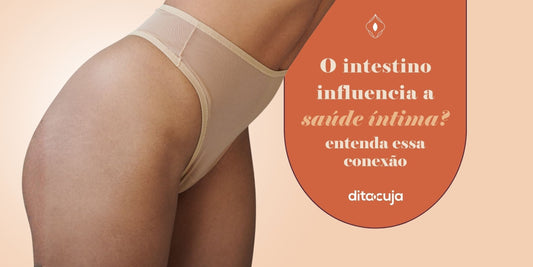 Arte em tons alaranjados com corpo de mulher ao lado e detalhes sobre como o intestino influencia a saúde íntima
