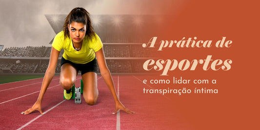Mulher na posição de iniciar corrida e detalhes sobre a prática de esportes e a transpiração íntima