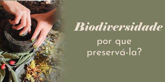 Mão macerando ao lado de diversas plantas e arte em tons de verde sobre biodiversidade