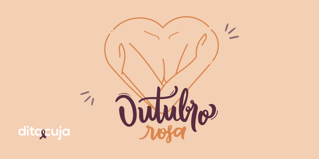 Arte ilustrada em fundo rosa claro de braços em formato de coração se abraçando e detalhes sobre Outubro Rosa