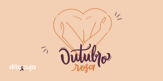 Arte ilustrada em fundo rosa claro de braços em formato de coração se abraçando e detalhes sobre Outubro Rosa