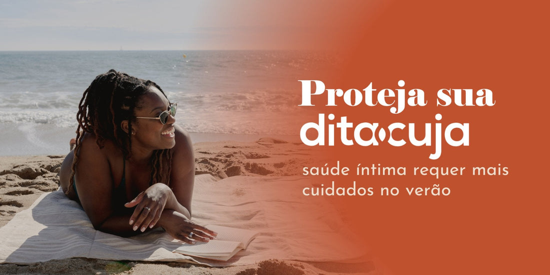 Mulher deitada e sorrindo na praia e detalhes sobre proteger a sua saúde íntima